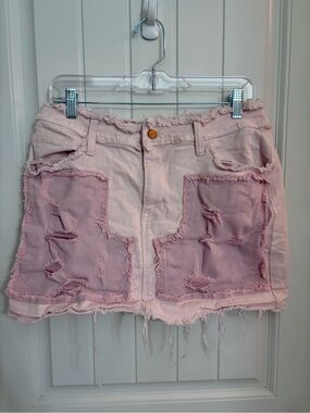 Pink Distressed Patchwork Mini Skirt